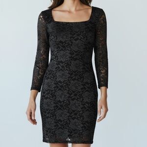 Windsor Women's Shimmering Floral Lace Boat Neck Mini Dress Black Large